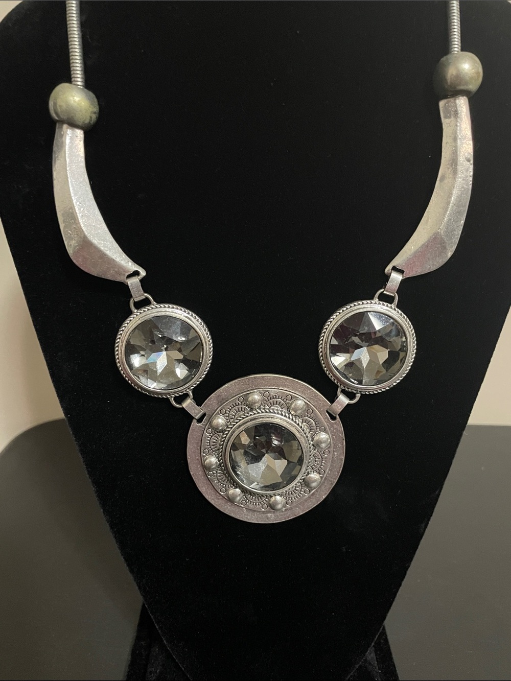 Silver-Tone Statement Necklace with Smokey Crystal Medallions